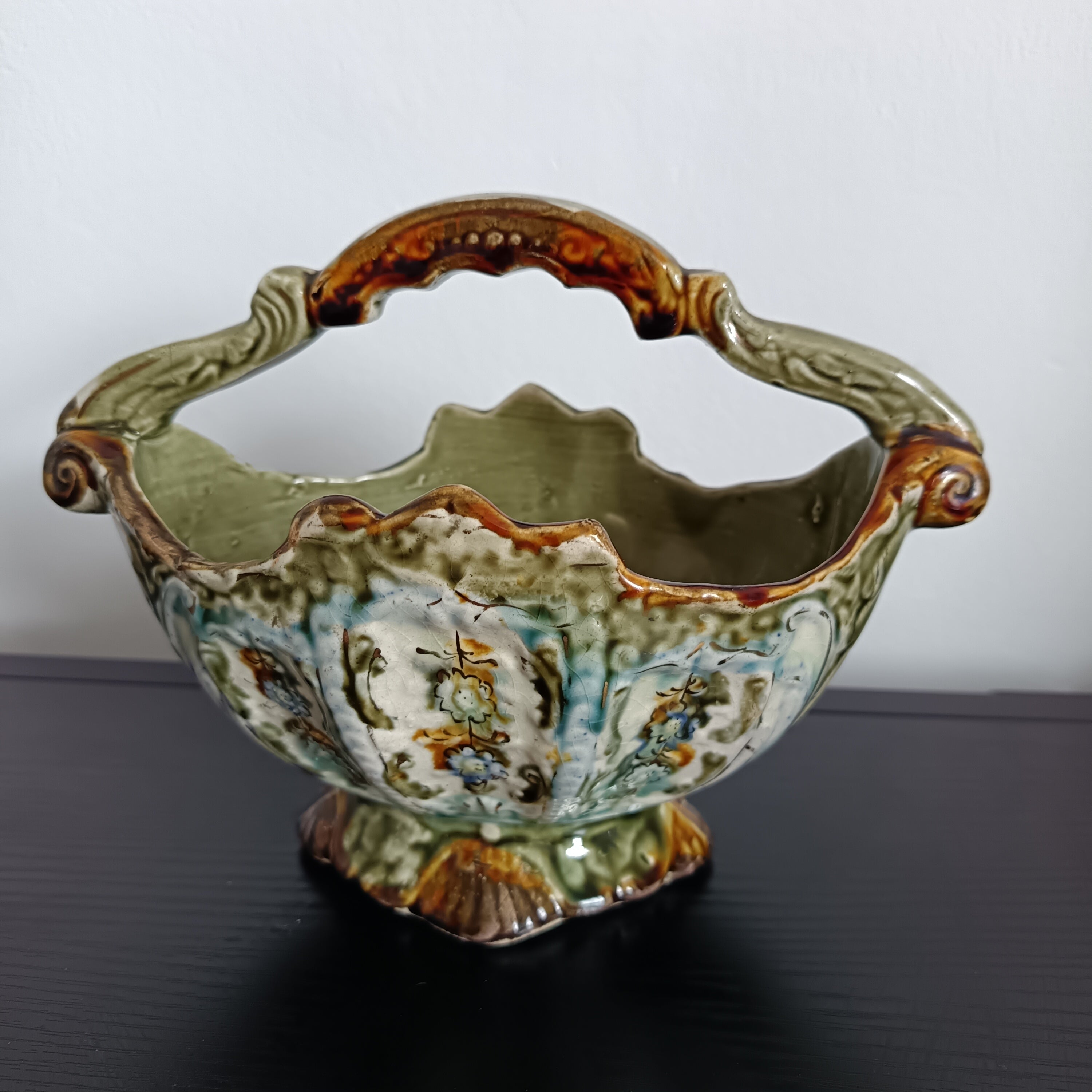 Antique English Majolica Alhambrian Staffordshire ceramic basket vase