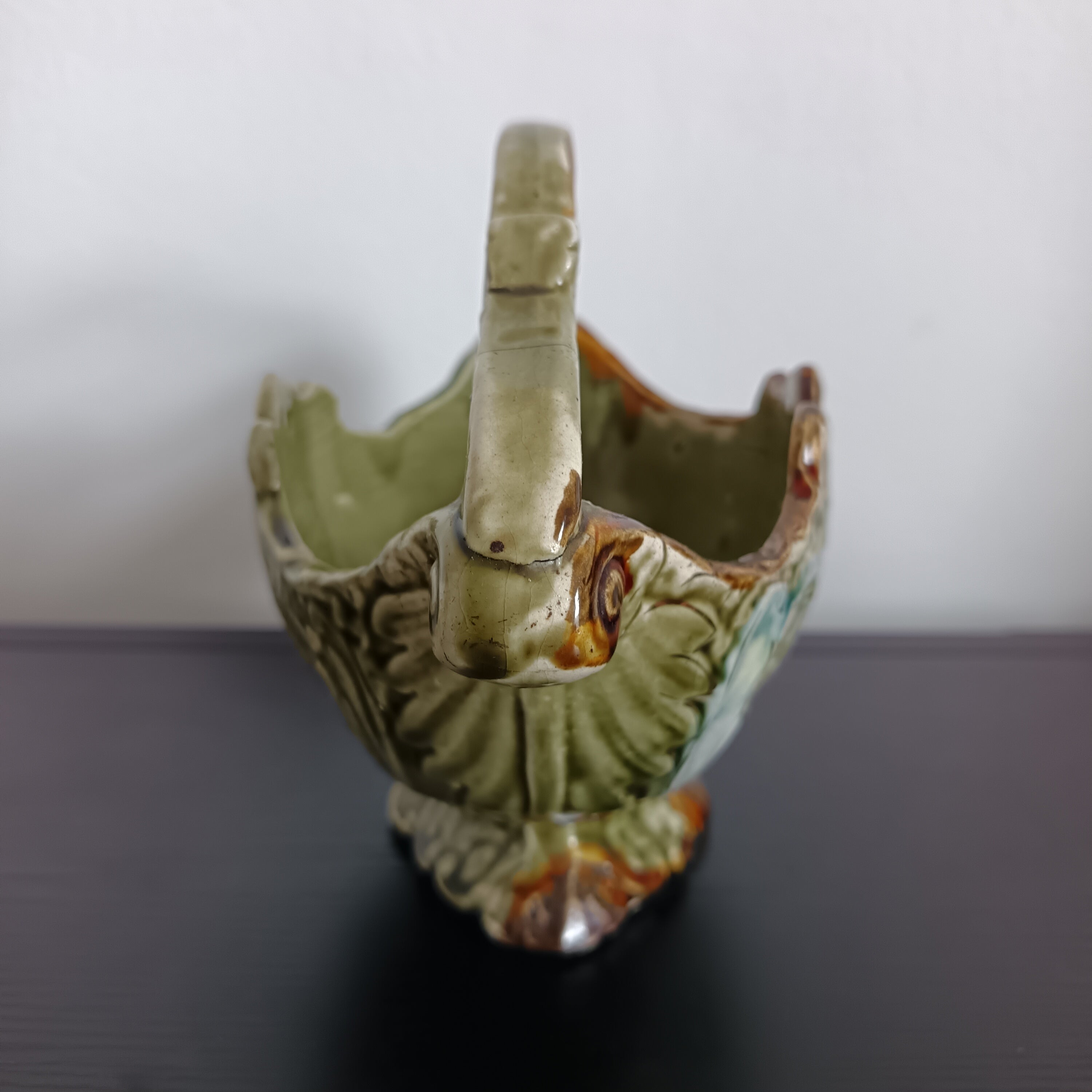 Antique English Majolica Alhambrian Staffordshire ceramic basket vase