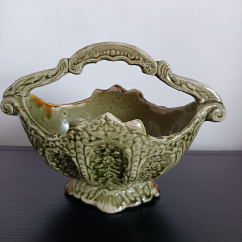 Antique English Majolica Alhambrian Staffordshire ceramic basket vase