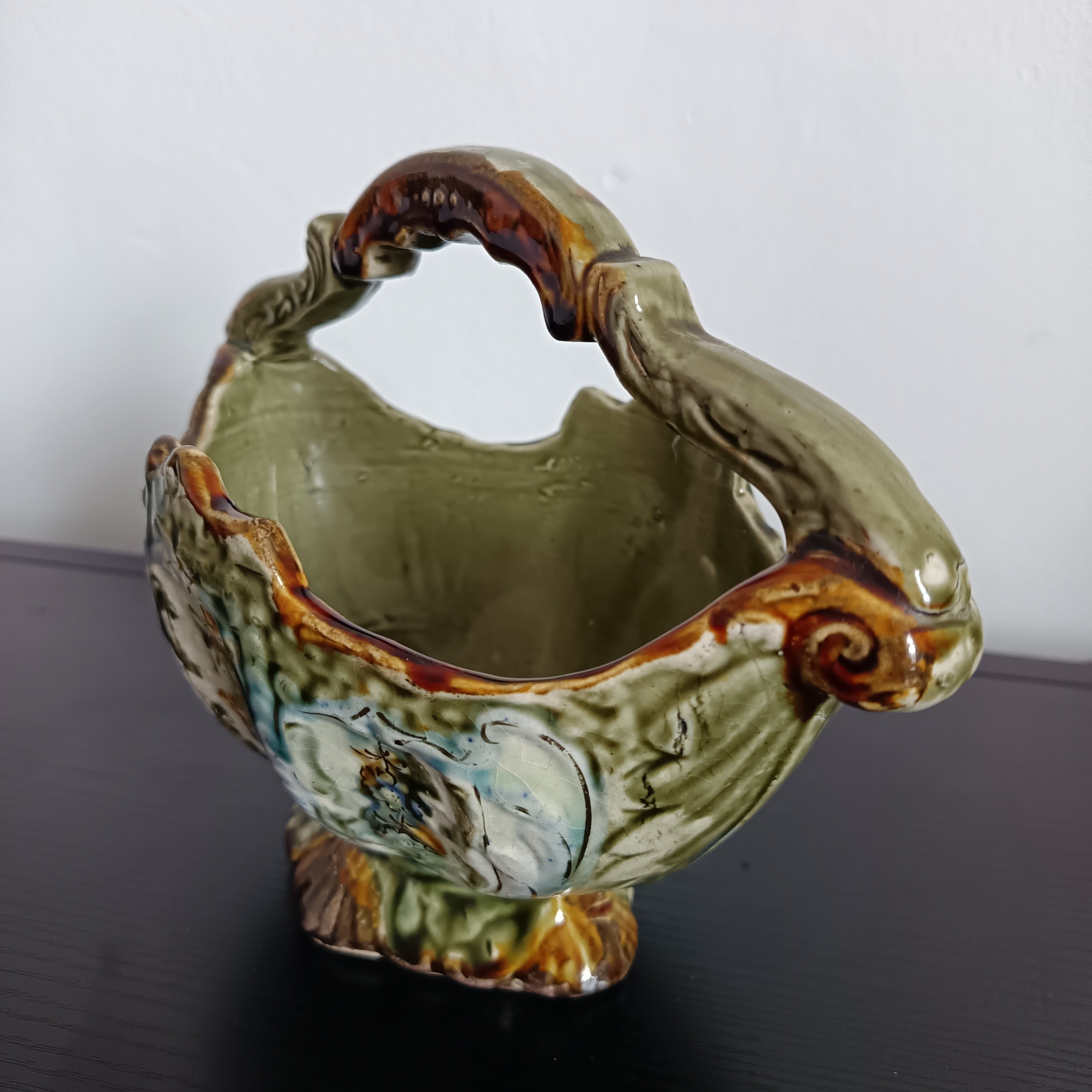 Antique English Majolica Alhambrian Staffordshire ceramic basket vase