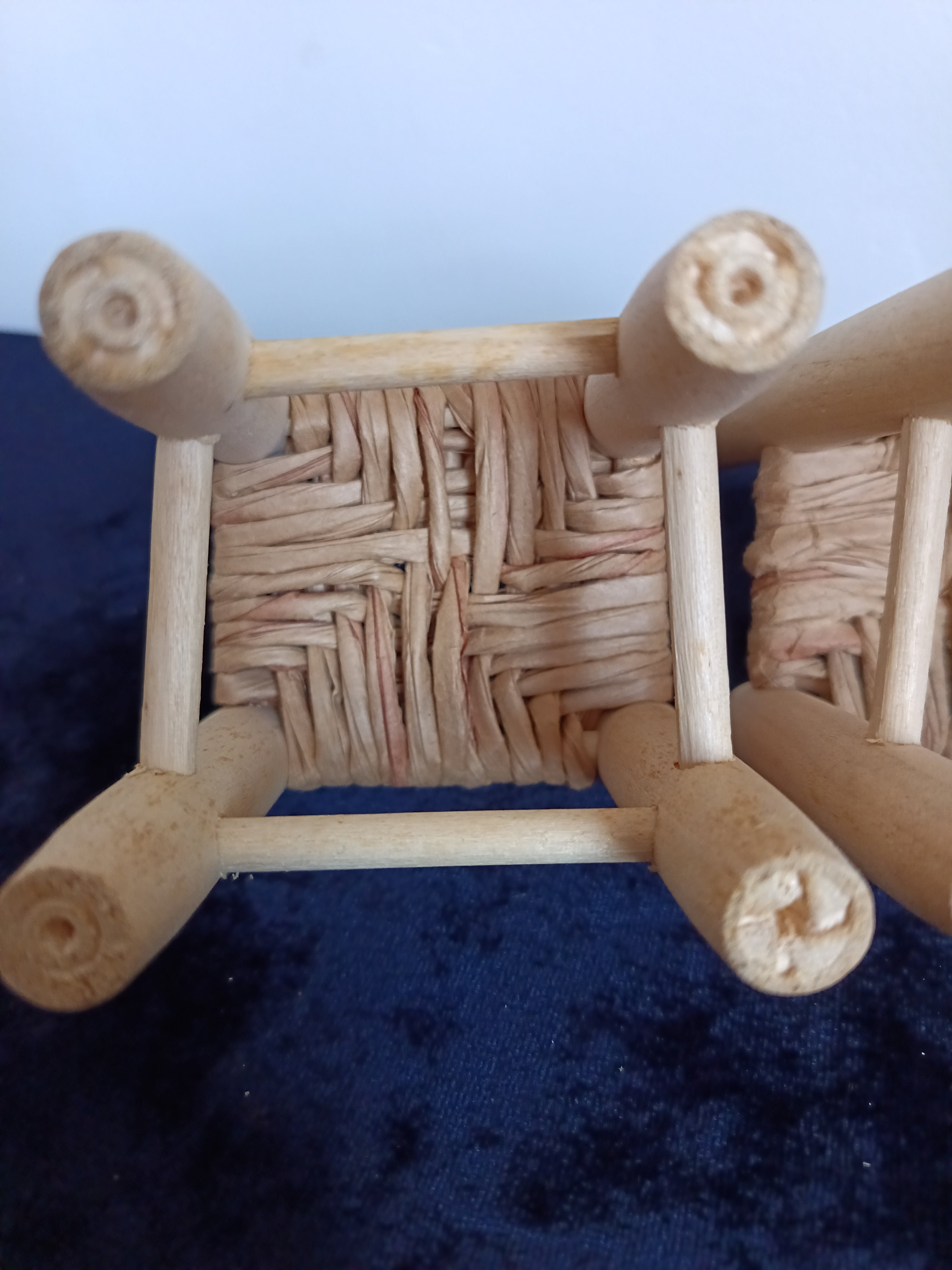 Vintage-style miniature Dolls wooden woven seat chairs.