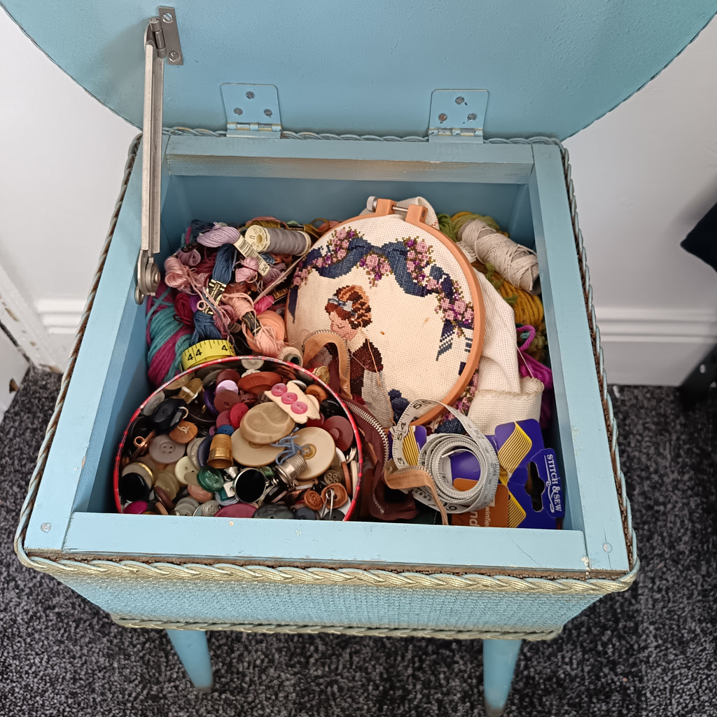 vintage msm light blue sewing box / table gold trim and ' fully loaded'