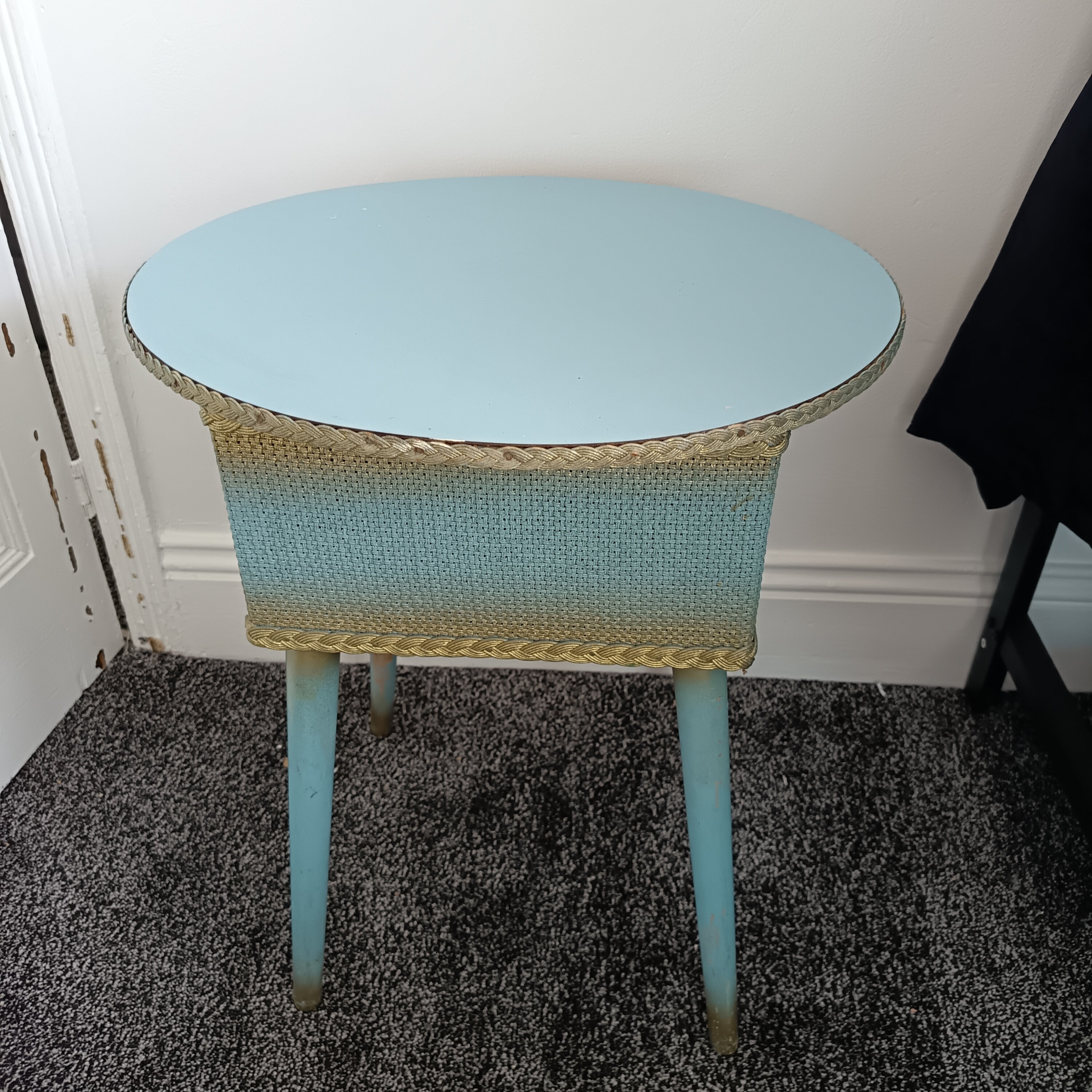 vintage msm light blue sewing box / table gold trim and ' fully loaded'