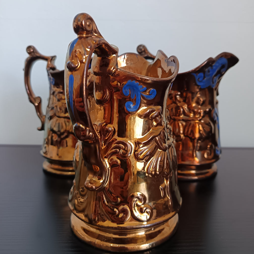 Victorian Copper Lustreware Jugs: Dancing Couples, Blue Scrollwork x3