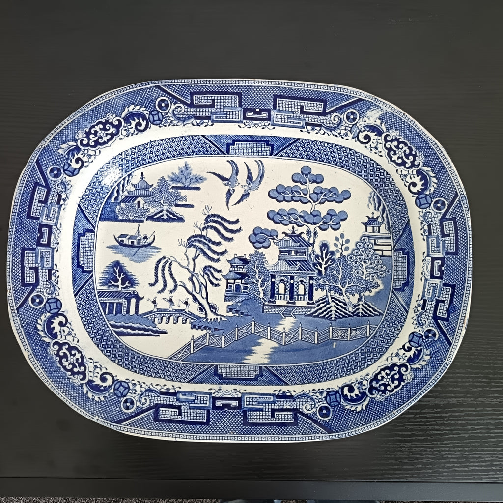Antique Staffordshire 'Willow' Pattern 14" Blue & White Transferware serving platter