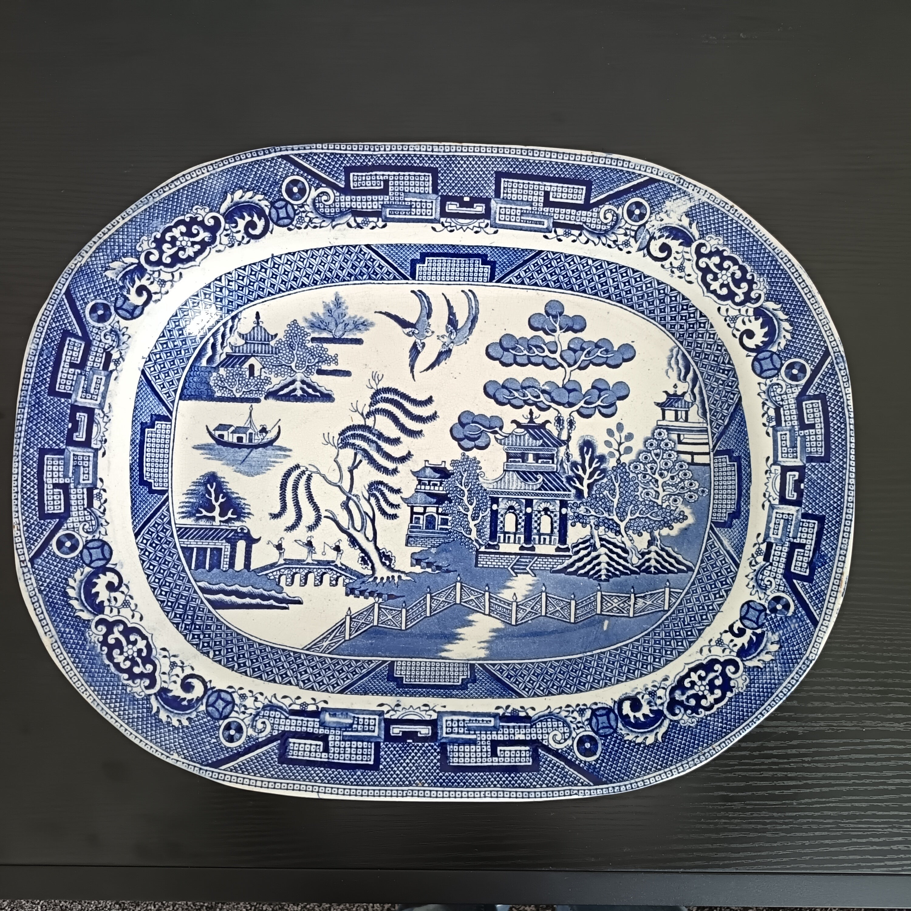 Antique Staffordshire 'Willow' Pattern 14" Blue & White Transferware serving platter