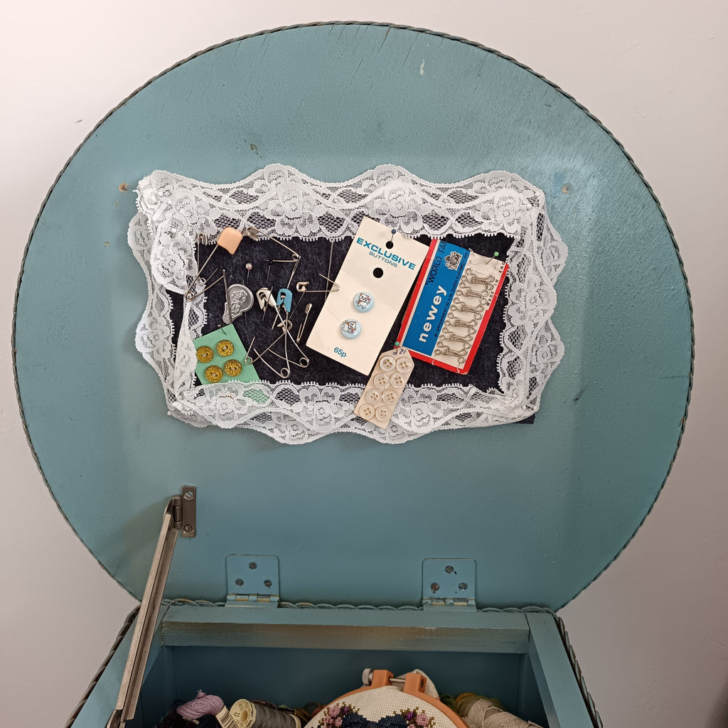 vintage msm light blue sewing box / table gold trim and ' fully loaded'
