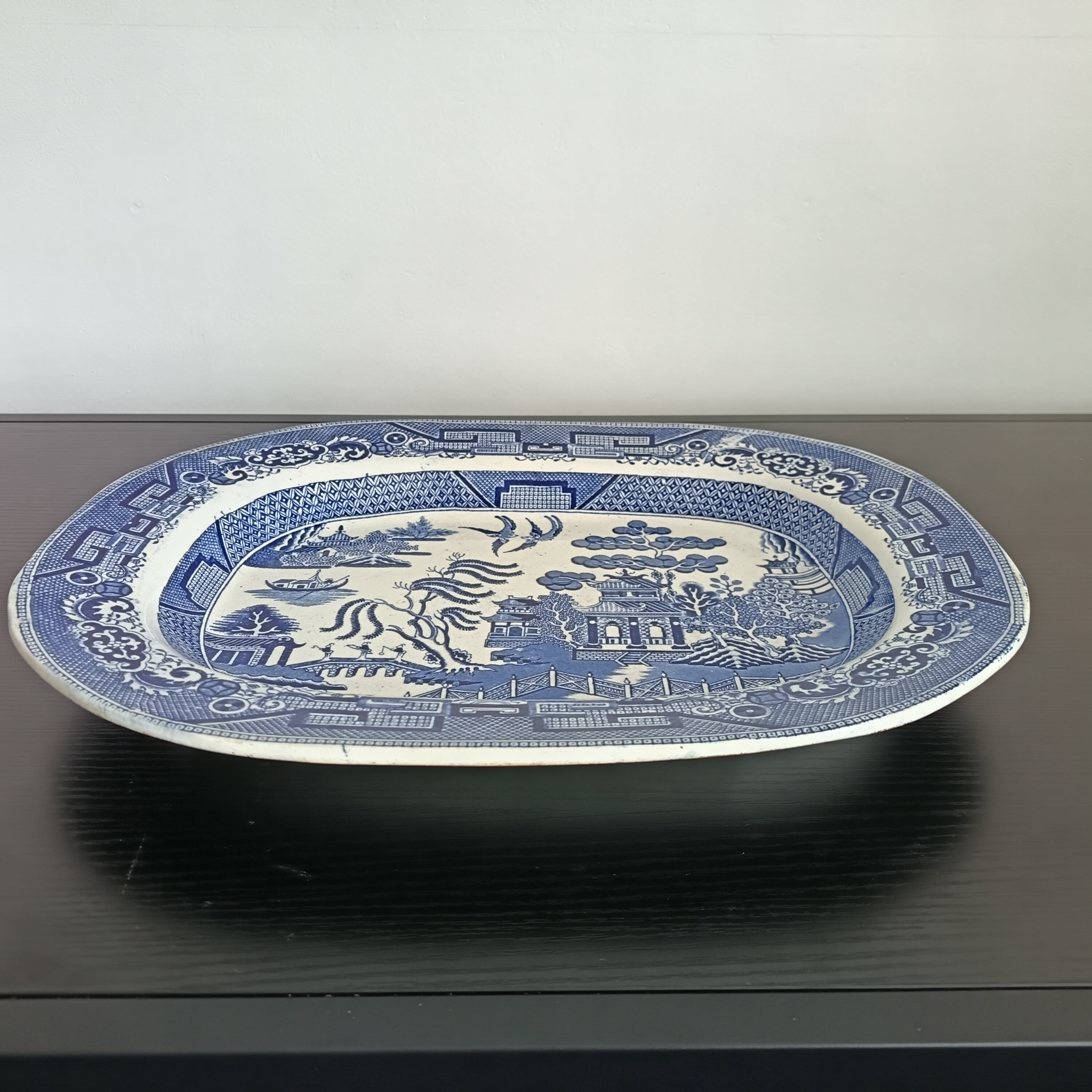 Antique Staffordshire 'Willow' Pattern 14" Blue & White Transferware serving platter