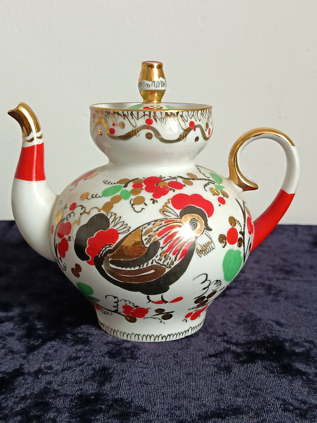 Vintage Lomonosov "Red Rooster" / "Cockerels" porcelain teapot