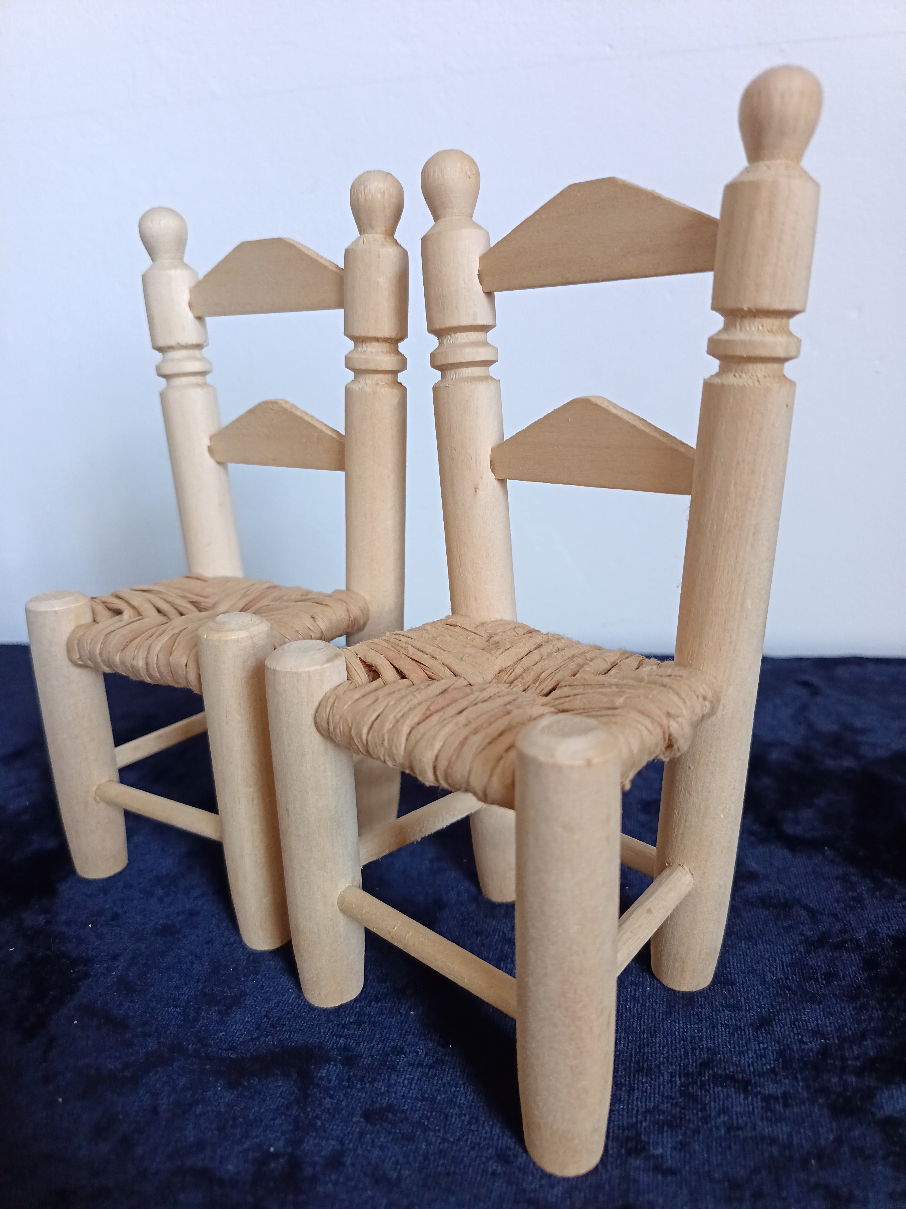 Vintage-style miniature Dolls wooden woven seat chairs.