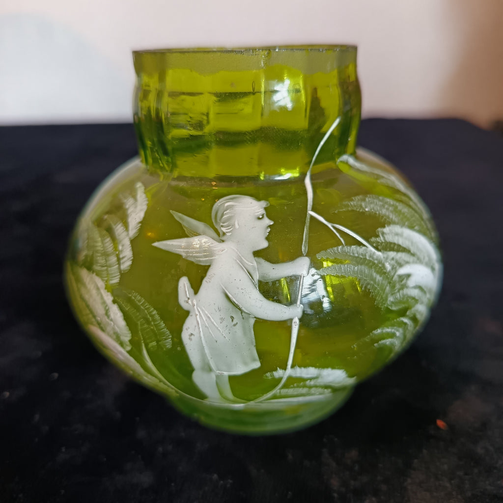 Mary Gregory style Bohemian Green glass vase circa 1885 to 1905