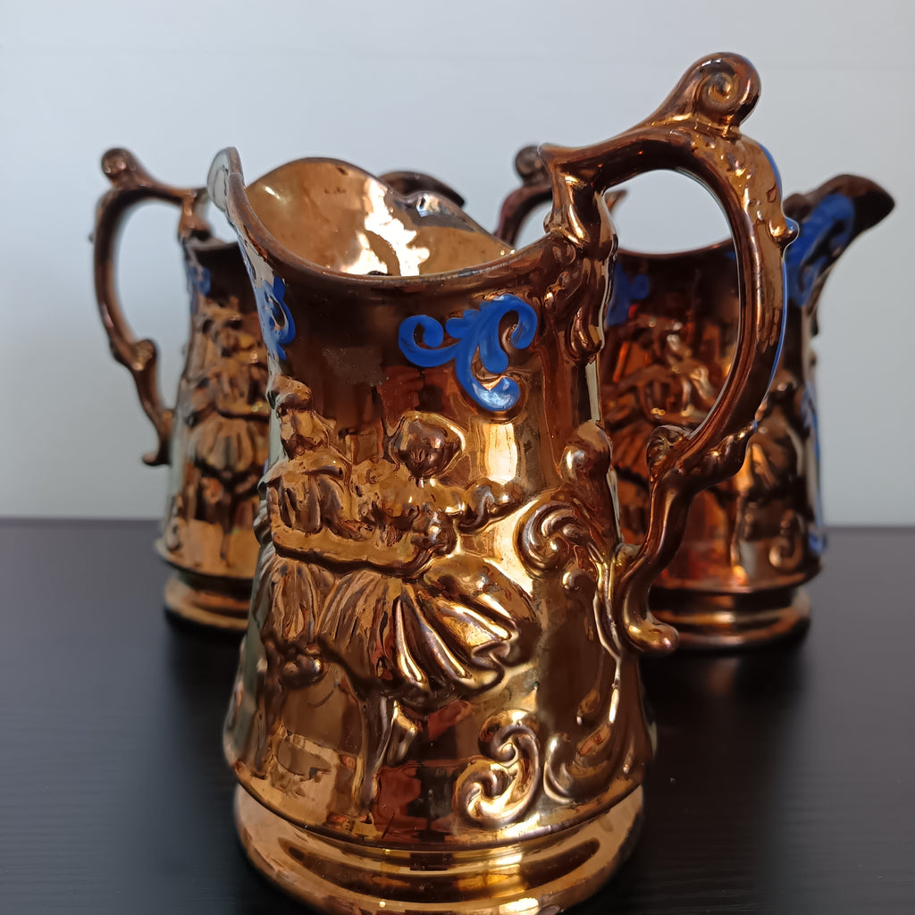 Victorian Copper Lustreware Jugs: Dancing Couples, Blue Scrollwork x3