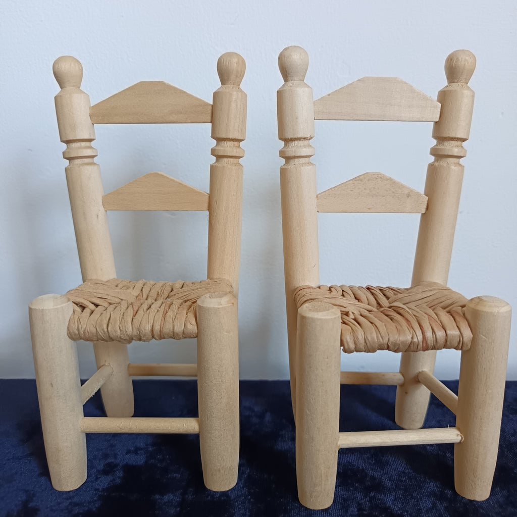 Vintage-style miniature Dolls wooden woven seat chairs.
