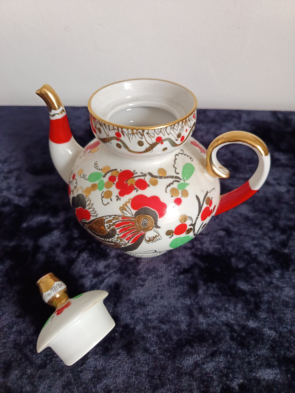 Vintage Lomonosov "Red Rooster" / "Cockerels" porcelain teapot