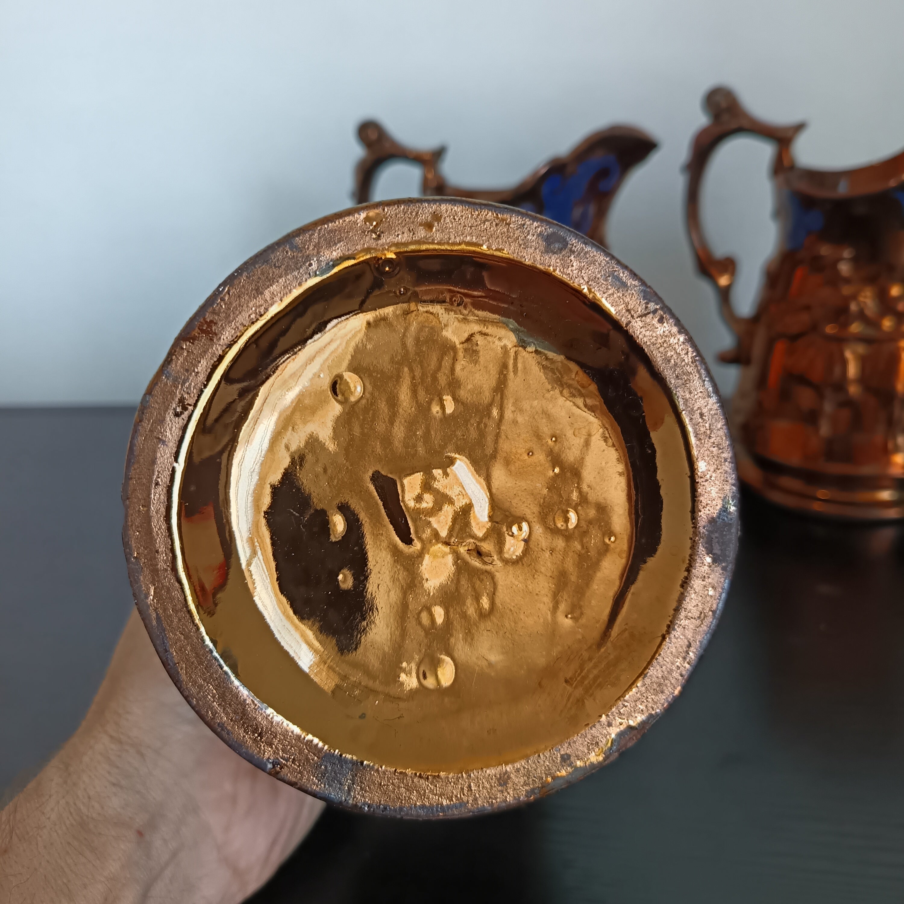 Victorian Copper Lustreware Jugs: Dancing Couples, Blue Scrollwork x3