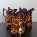 Victorian Copper Lustreware Jugs: Dancing Couples, Blue Scrollwork x3