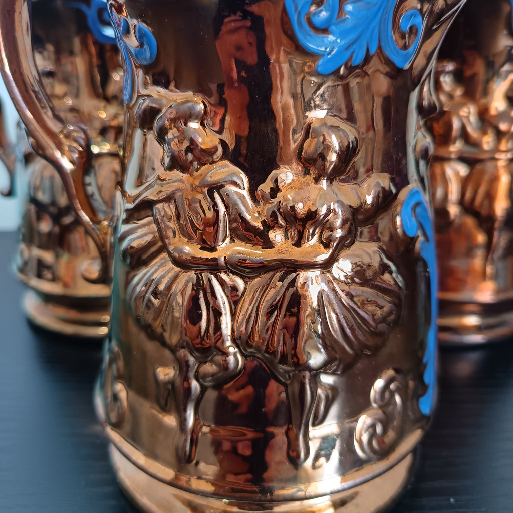 Victorian Copper Lustreware Jugs: Dancing Couples, Blue Scrollwork x3