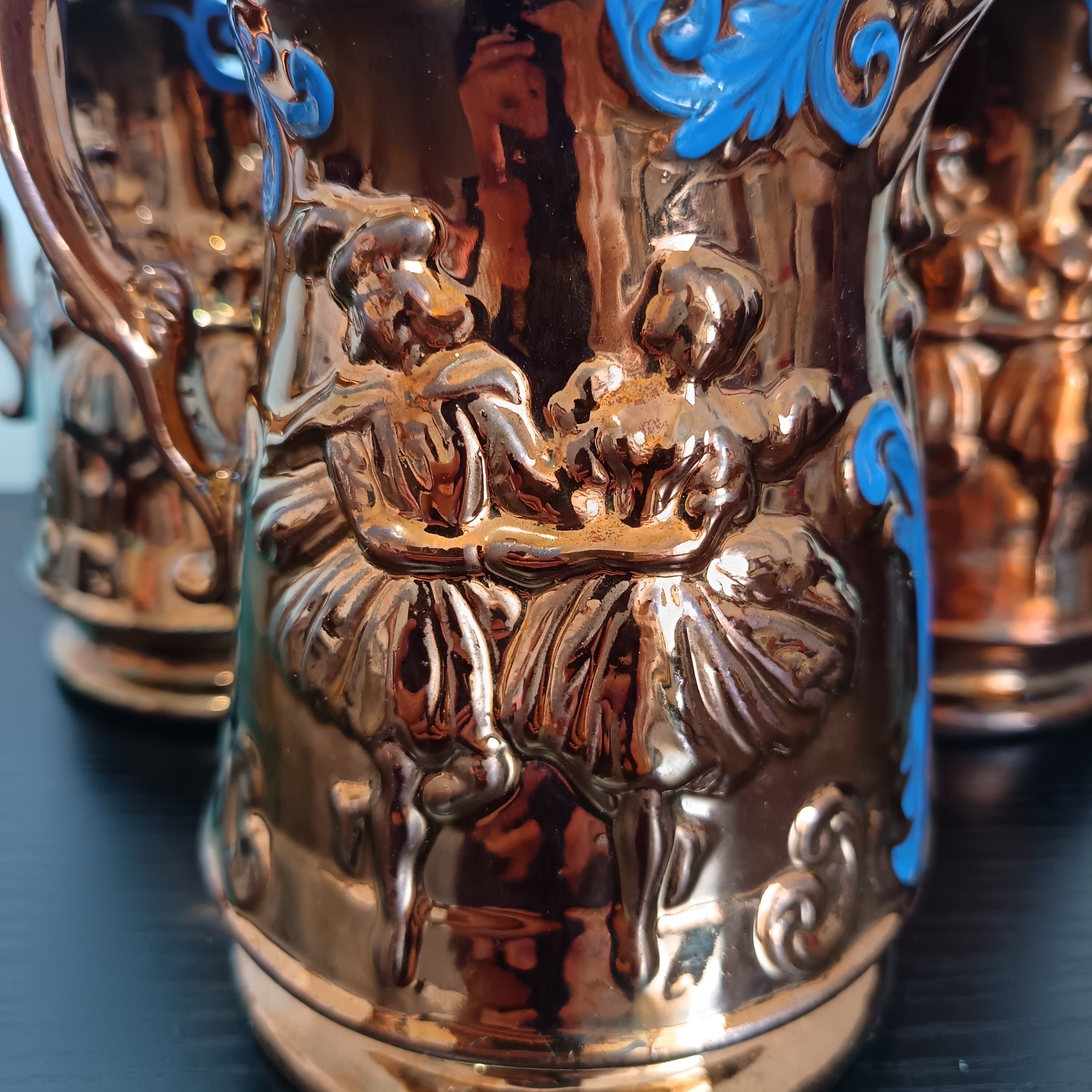 Victorian Copper Lustreware Jugs: Dancing Couples, Blue Scrollwork x3