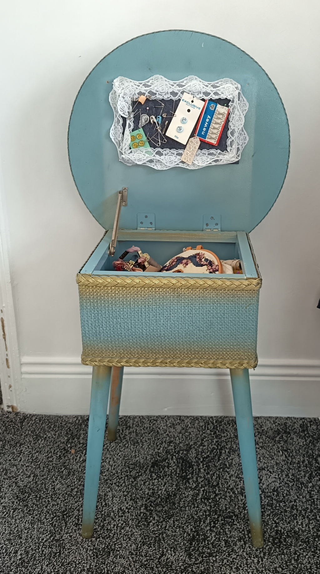 vintage msm light blue sewing box / table gold trim and ' fully loaded'