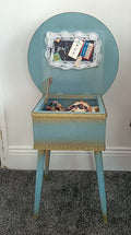 vintage msm light blue sewing box / table gold trim and ' fully loaded'