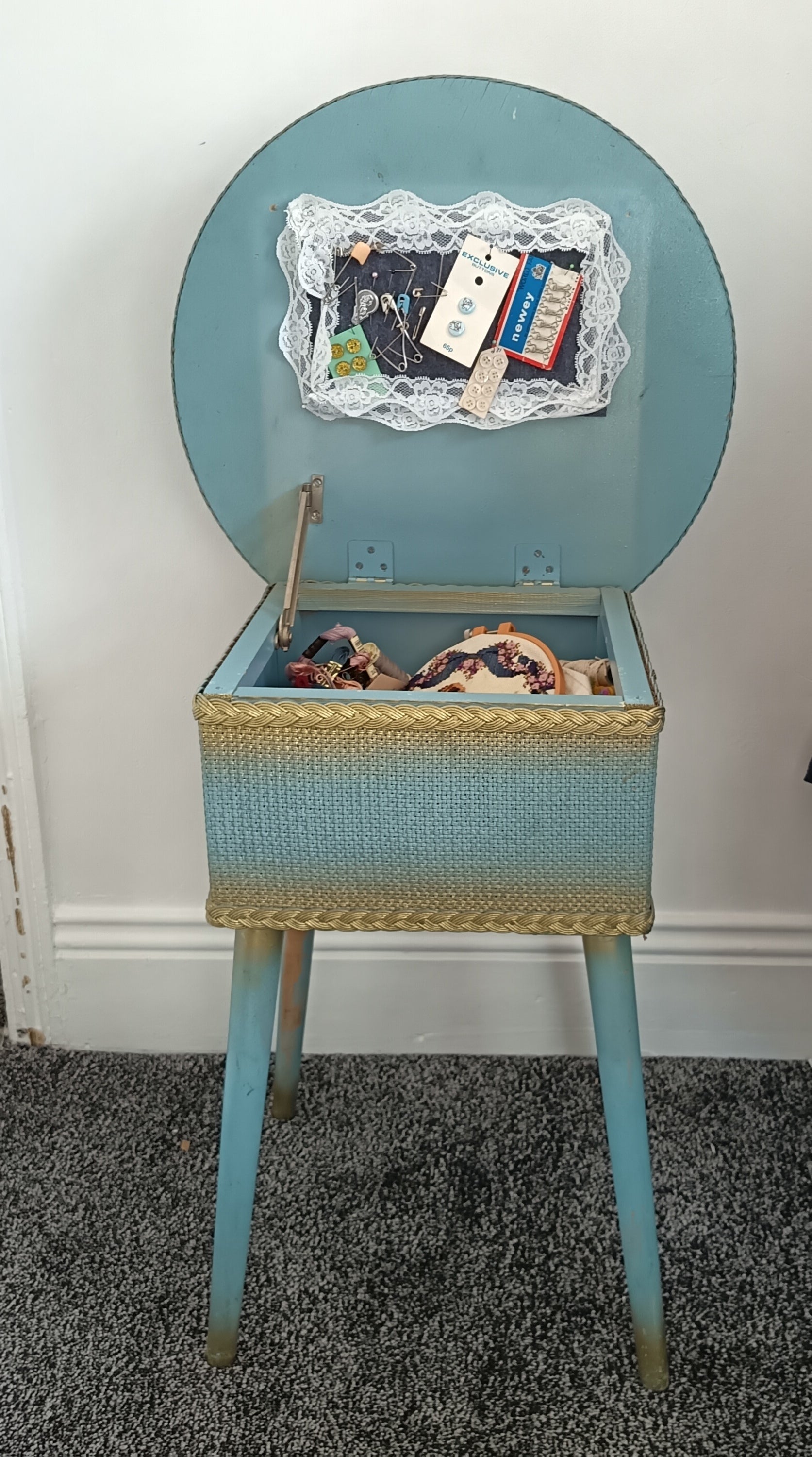 vintage msm light blue sewing box / table gold trim and ' fully loaded'