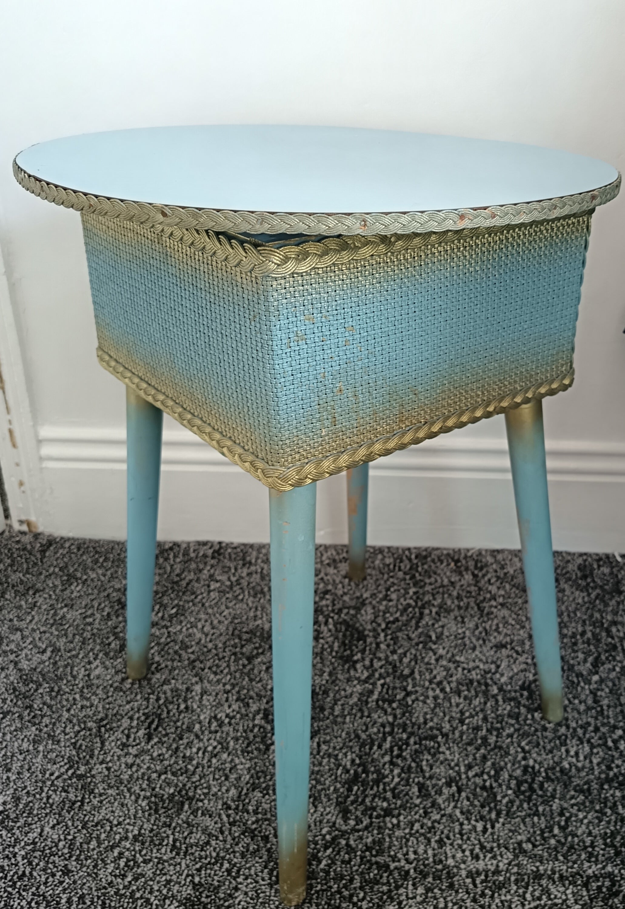 vintage msm light blue sewing box / table gold trim and ' fully loaded'