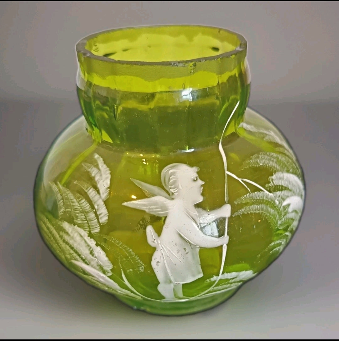 Mary Gregory style Bohemian Green glass vase circa 1885 to 1905